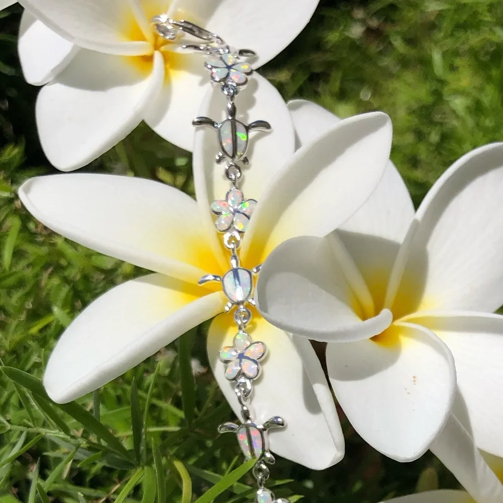 925 Sterling Silver white Opal Plumeria 🌸and Turtle 🐢  with 14kw gold overlay